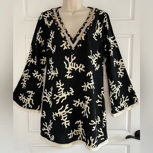 Skemo Tunic Mini Dress Cover Up Beaded V Neck Cream Black Coral Design Sz M Boho